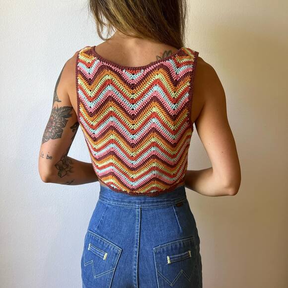 Forever 21 Crochet Crop Top Women Small Button Front Square Neck Hippie Festival - Picture 5 of 9